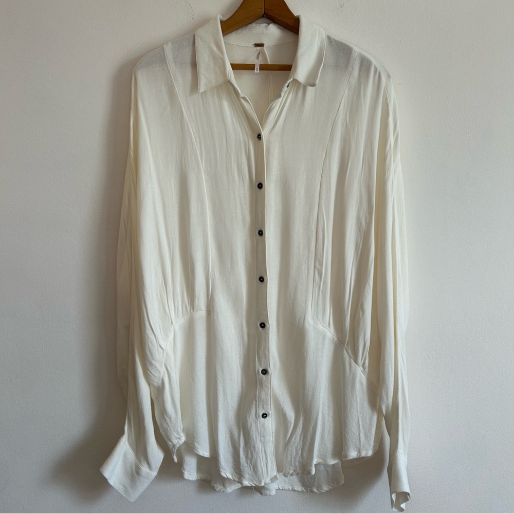 Free People Women's Blouse Medium Beige Herringbone True Affection Button Down